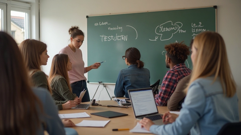 Nederlandse conversatieles in moderne klassenruimte met studenten die Nederlands spreken